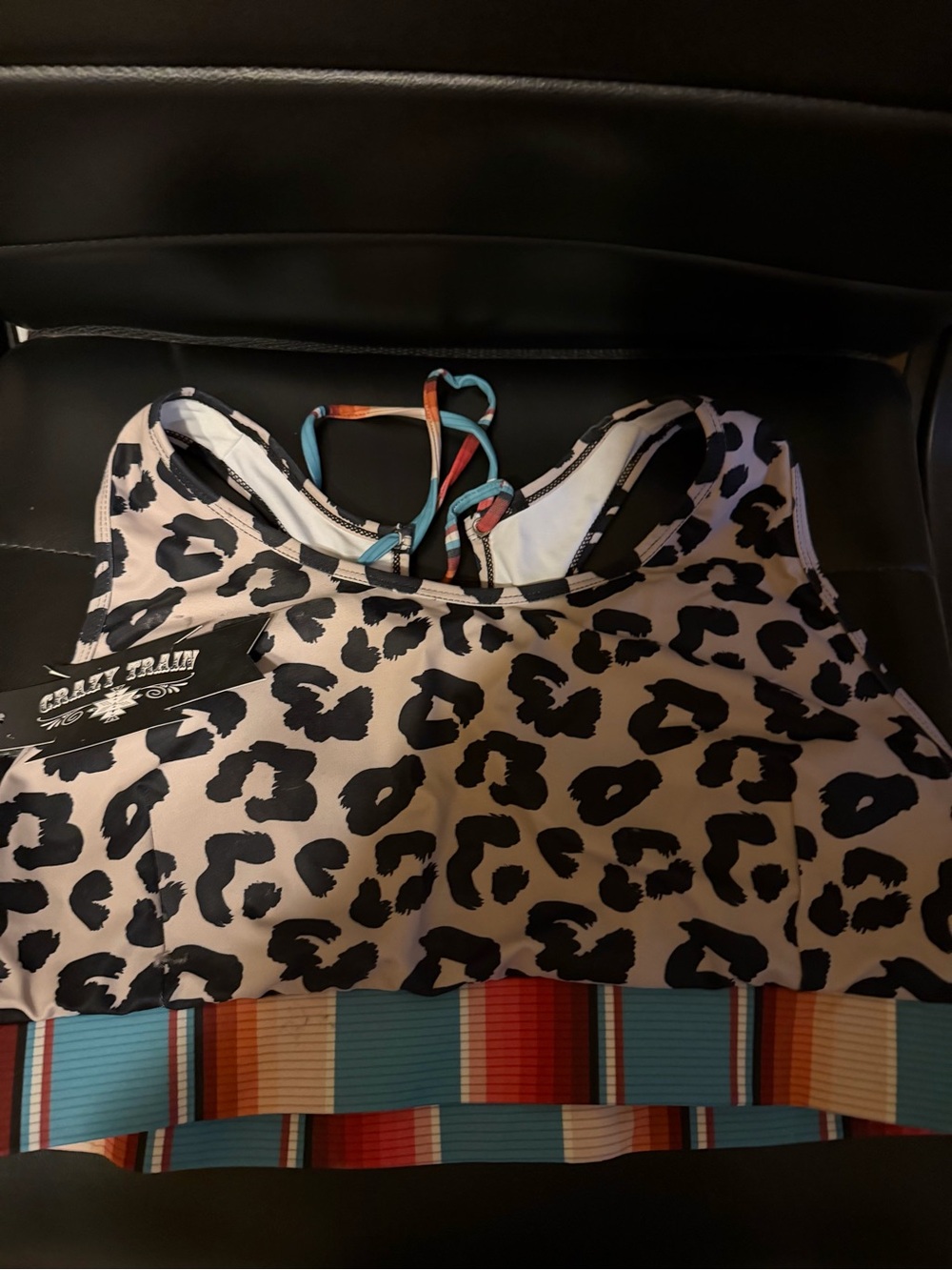 Crazy Train Beige and Black Leopard Print Sports Bra with Multicolor Striped Hem